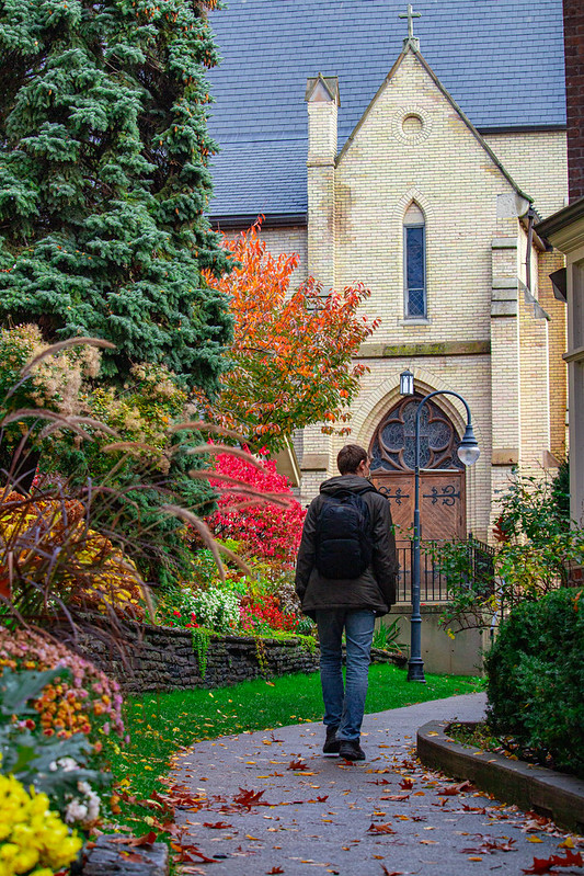 Student walking through campus